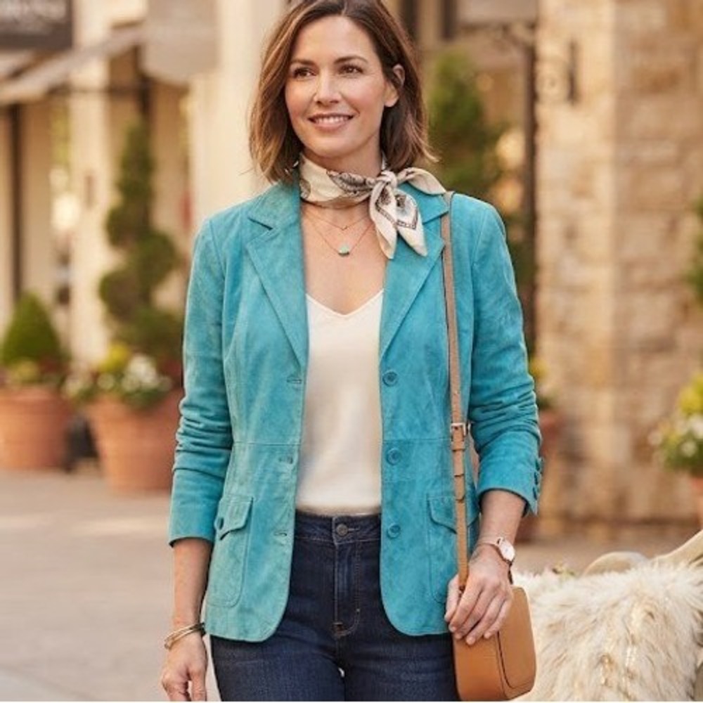 Liz Claiborne Suede Leather Blazer Womens Small Turquoise Blue Button Front Coat